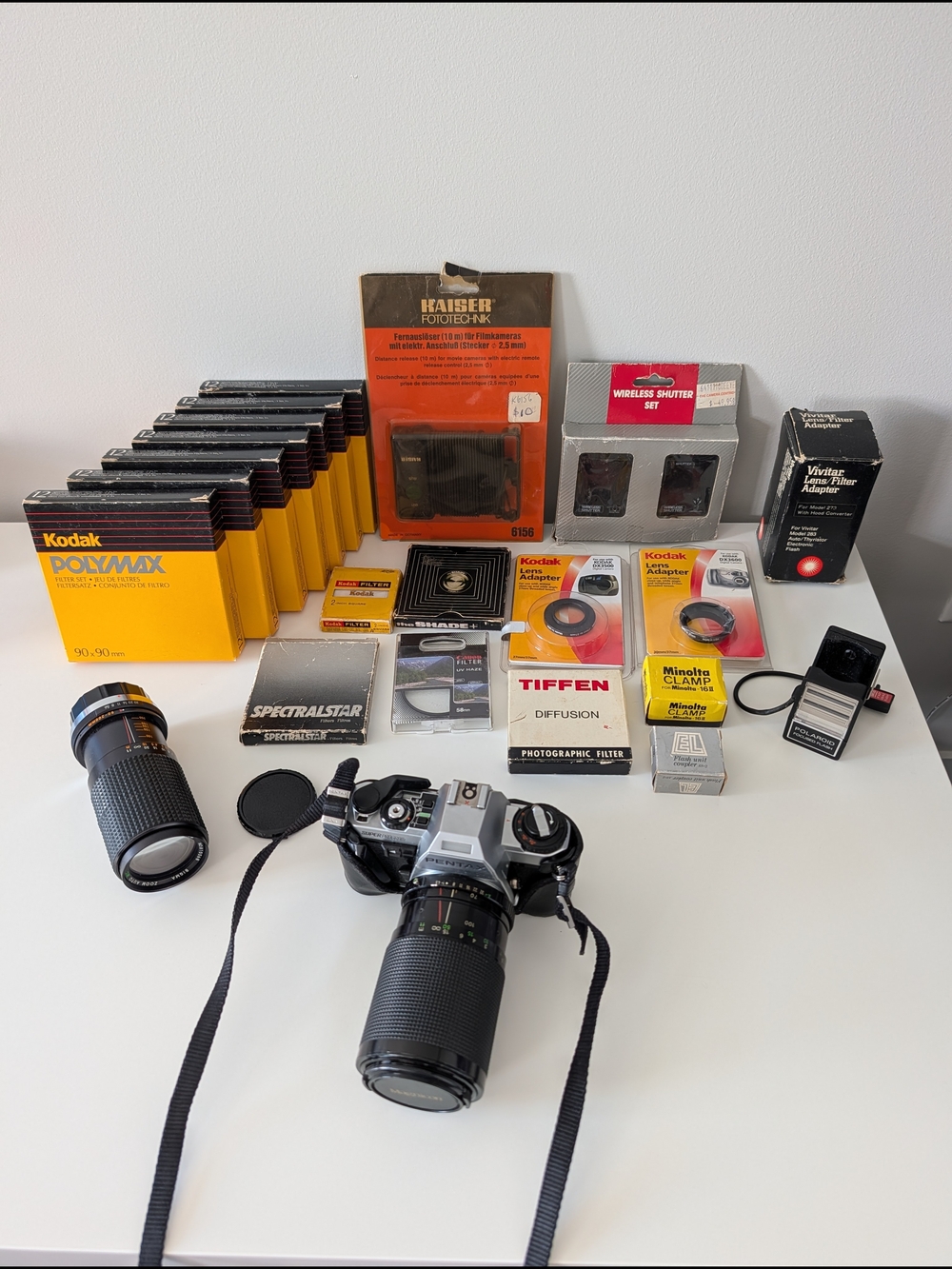 Vintage Pentax Camera With Accessories- Filters, Lenses, Kodak Polaroid Magnicon